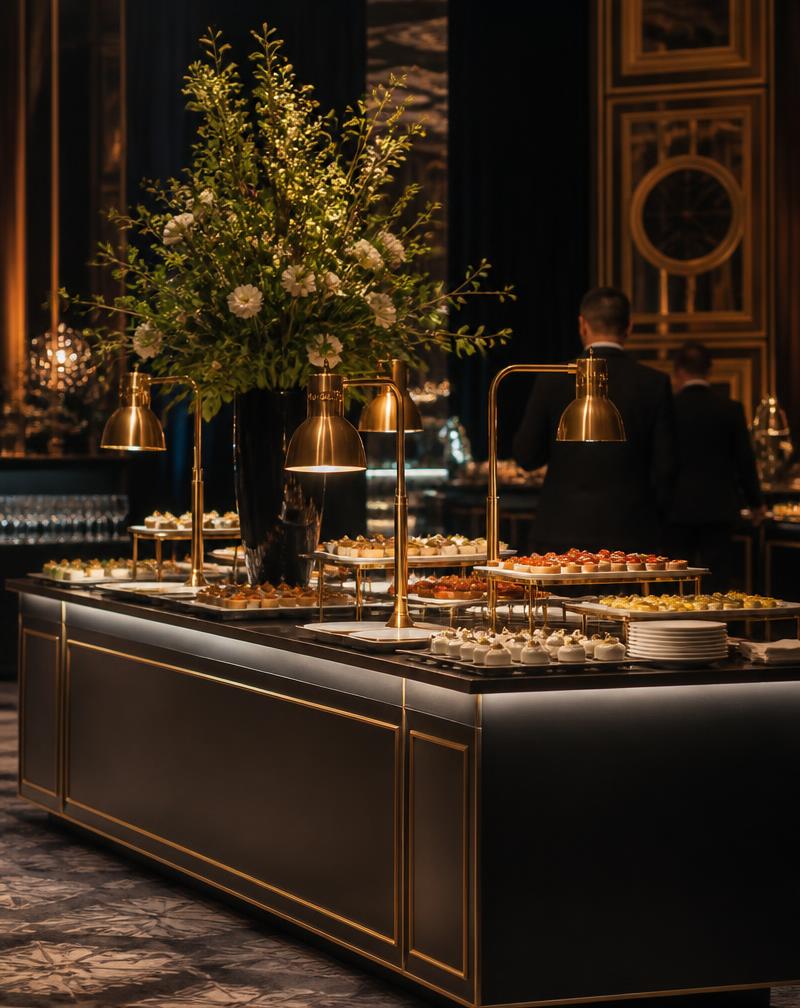 Îlot de buffet raffiné lors d'une soirée de gala