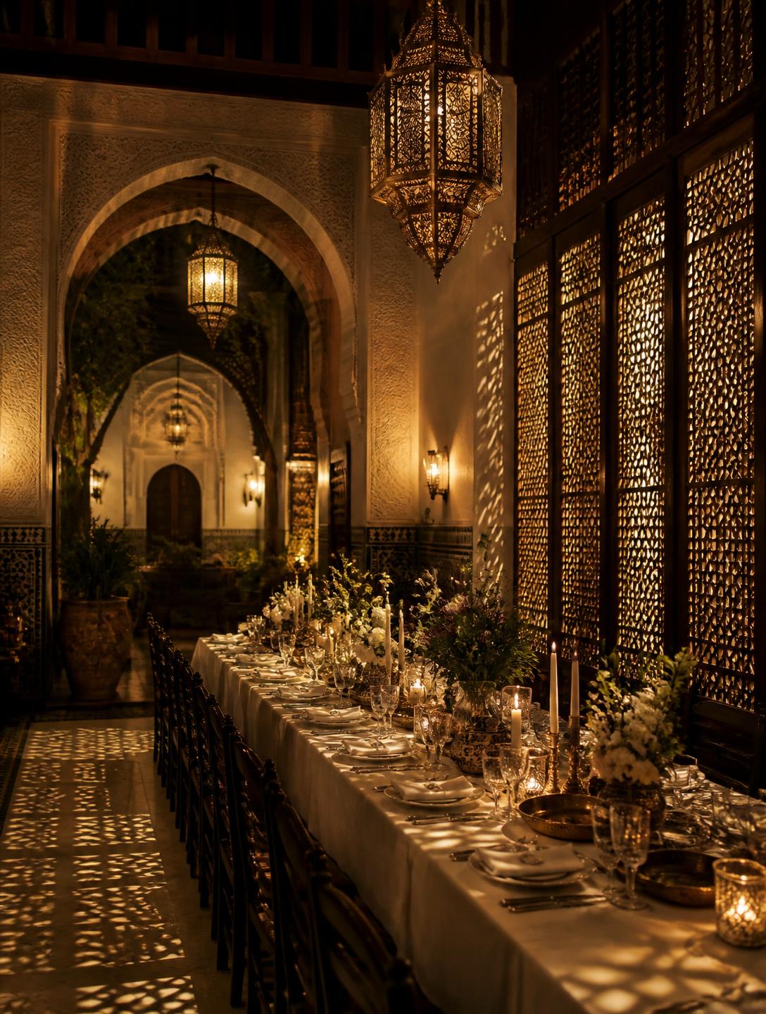 Table de mariage halal dressée dans une salle de riad, lumière filtrée par un moucharabieh