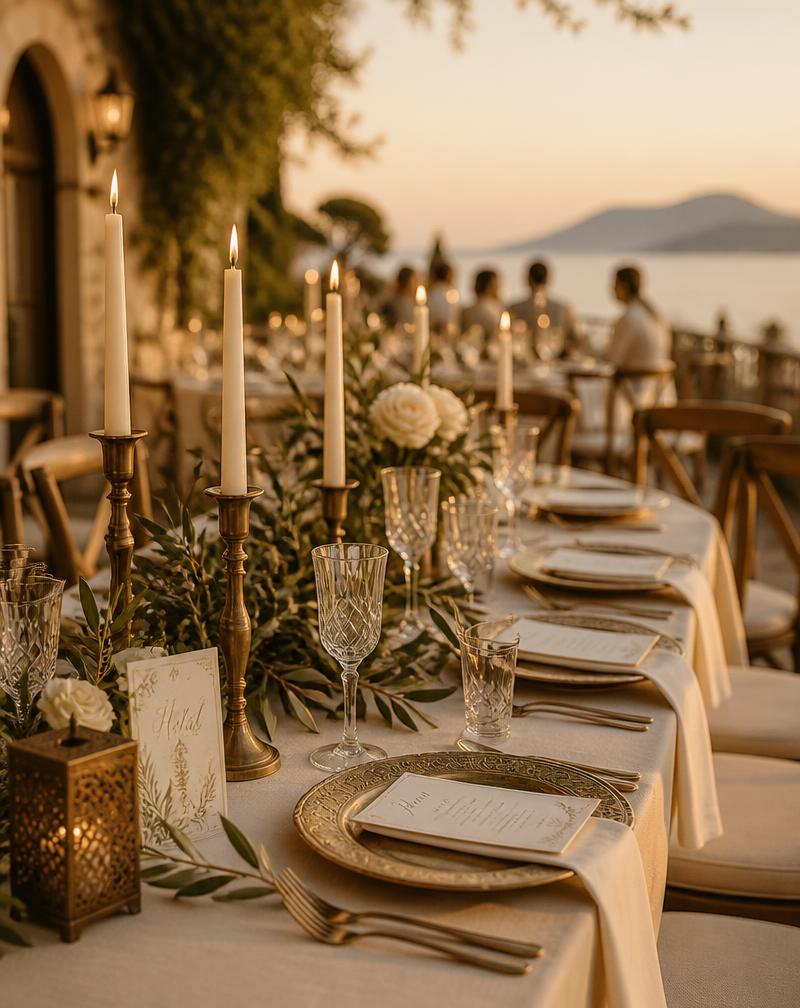 Table de mariage dressée sur une terrasse méditerranéenne à l'heure dorée