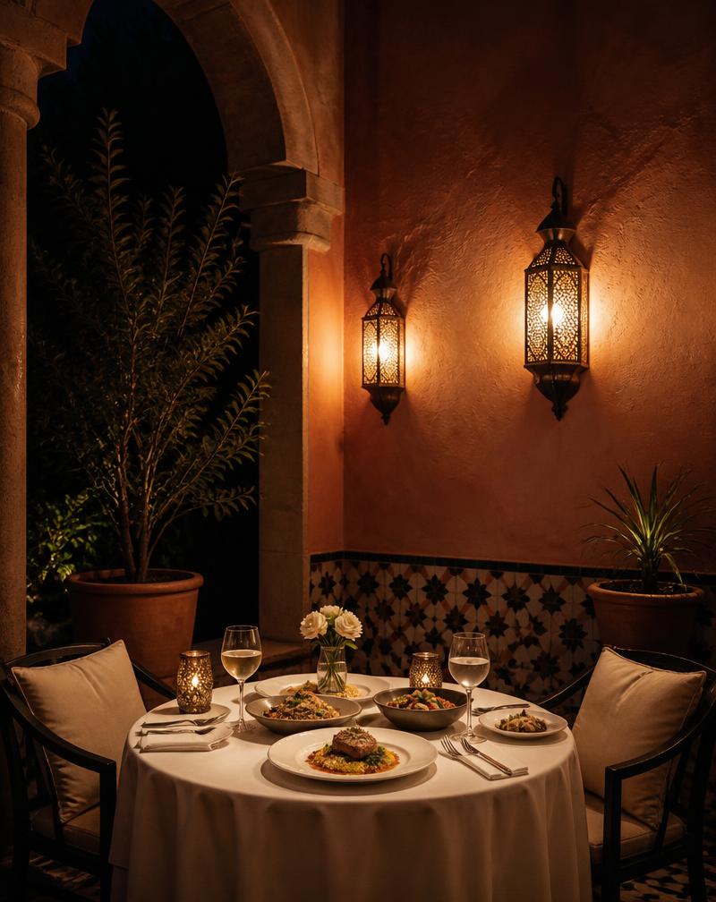 Dîner intime dressé dans un patio de pierre éclairé aux lanternes