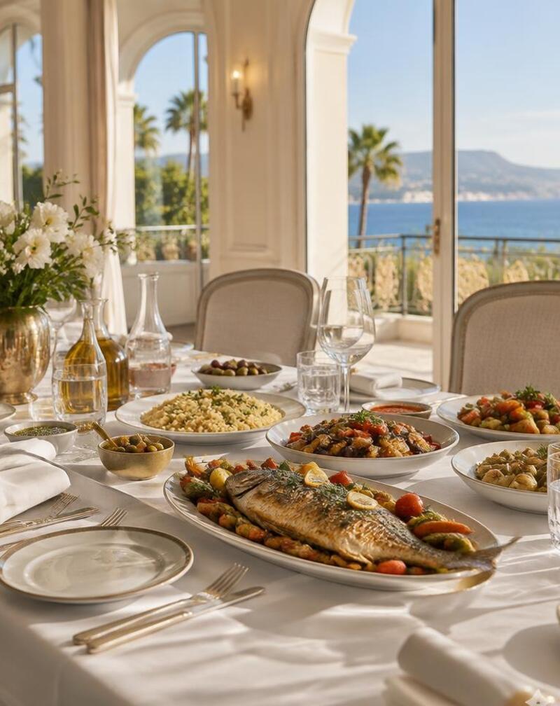 Table de réception halal premium dressée face à la Méditerranée